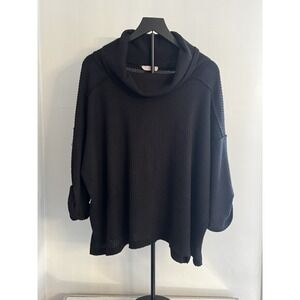ENTRO Black Waffle Knit Cowl Neck Pullover Sz SMALL‎ Slouchy Raw Seam
